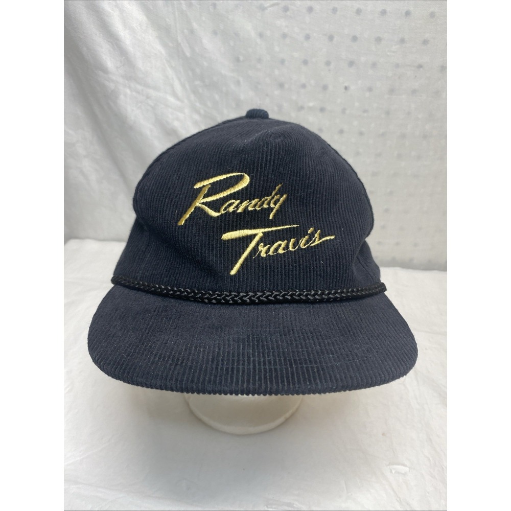 Vtg Randy Travis Corduroy Embroidered Snapback Spellout Corded Black Hat Country